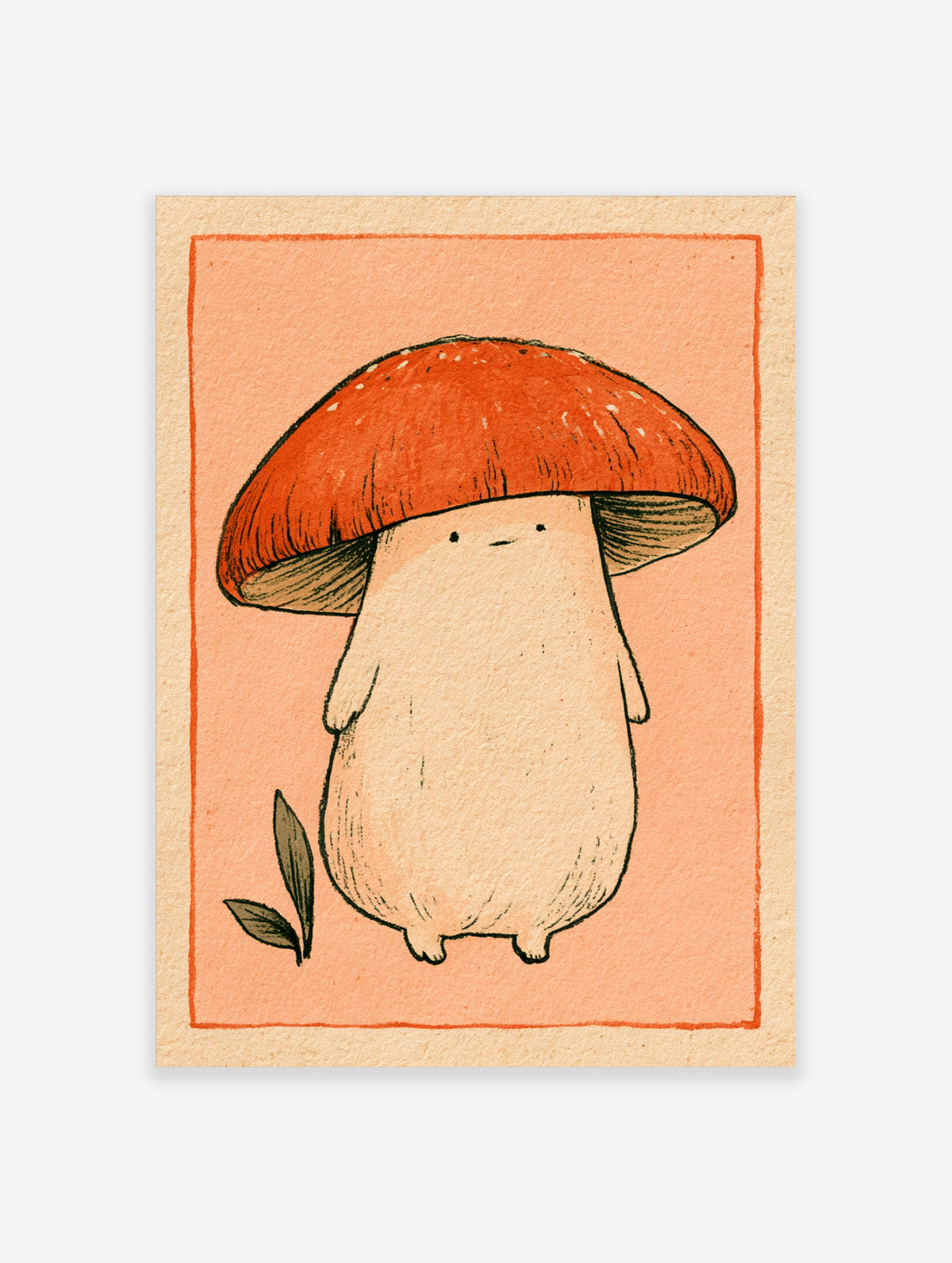 Cute mushroom character art print with red spotted cap and cream body on peach background