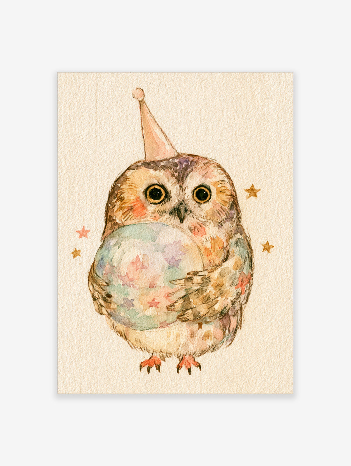 Watercolour owl art print wearing a pink party hat and holding a star-patterned globe