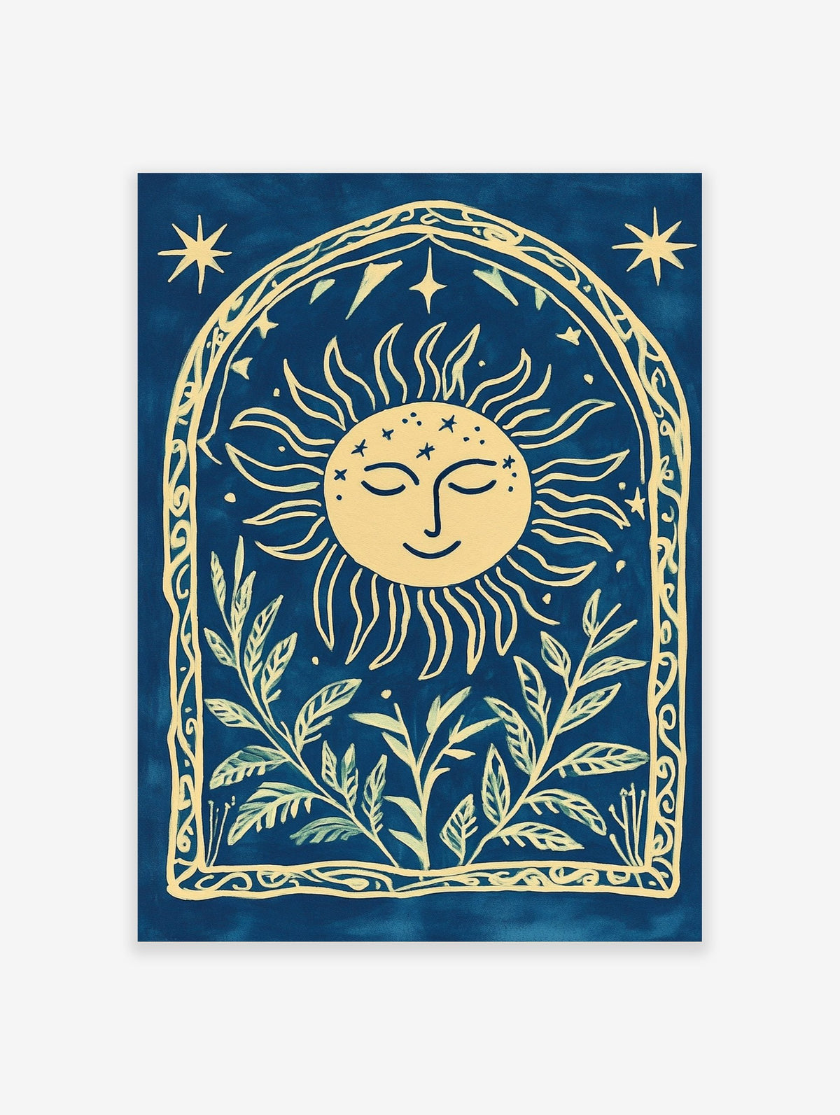 Cyanotype-style wall art with smiling sun, stars, and botanical leaves within an arched decorative frame on a blue
