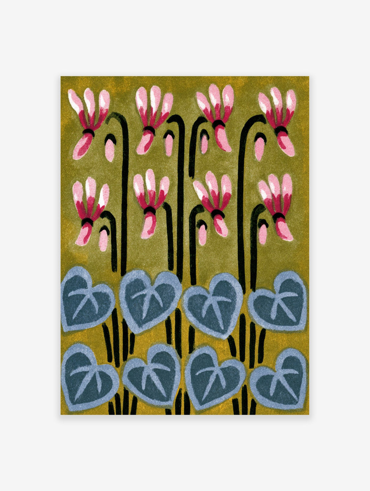 Botanical cyclamen flower print with pink petals and blue leaves on an olive background
