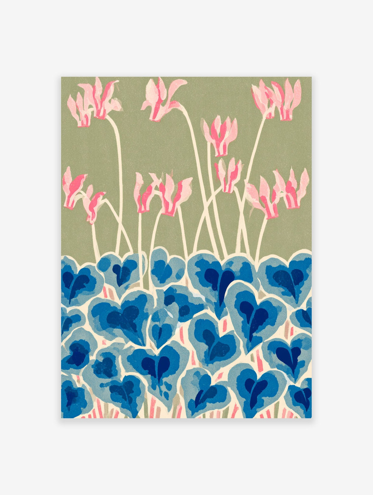 Stylized pink cyclamen flowers with heart-shaped blue leaves on a sage green background, botanical illustration art print