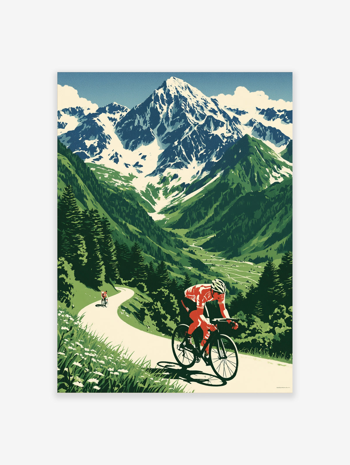 Cycling poster of a road cyclist in red kit on a winding mountain road below a snow-capped peak