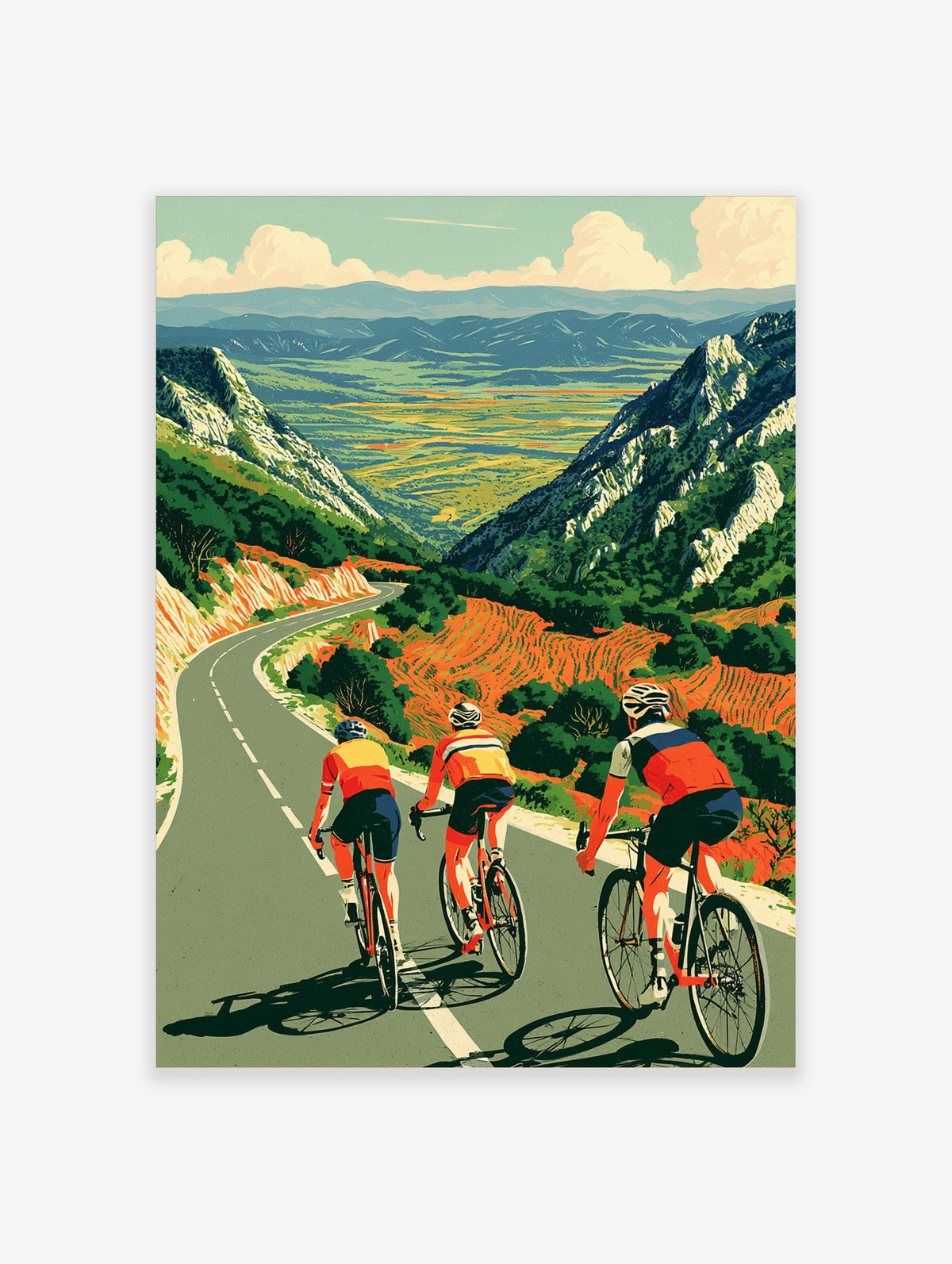 Cycling poster of three road cyclists descending a winding mountain road with green valleys and orange fields