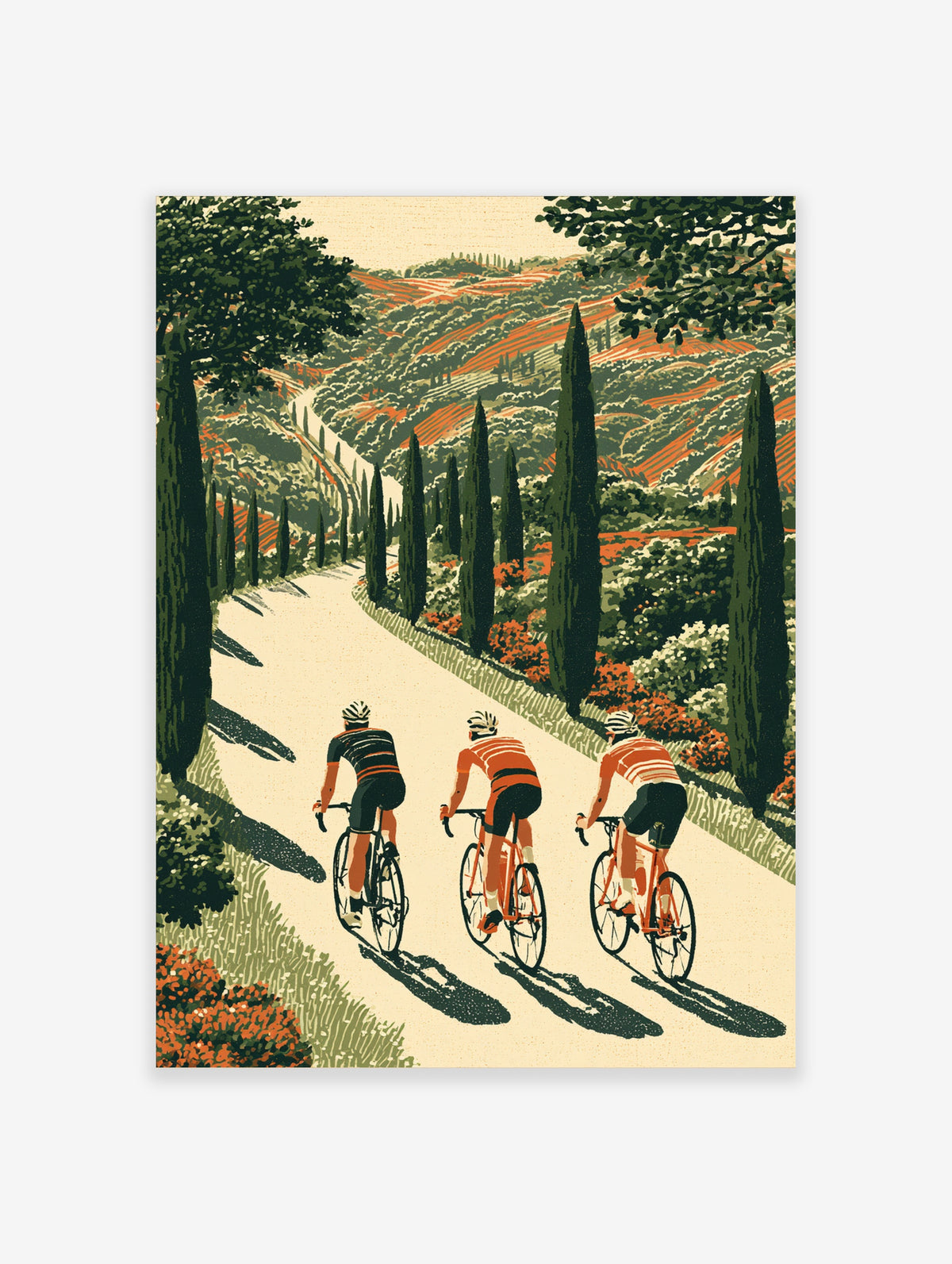 Cycling poster of three cyclists riding a cypress-lined road through Tuscan hills in orange and green