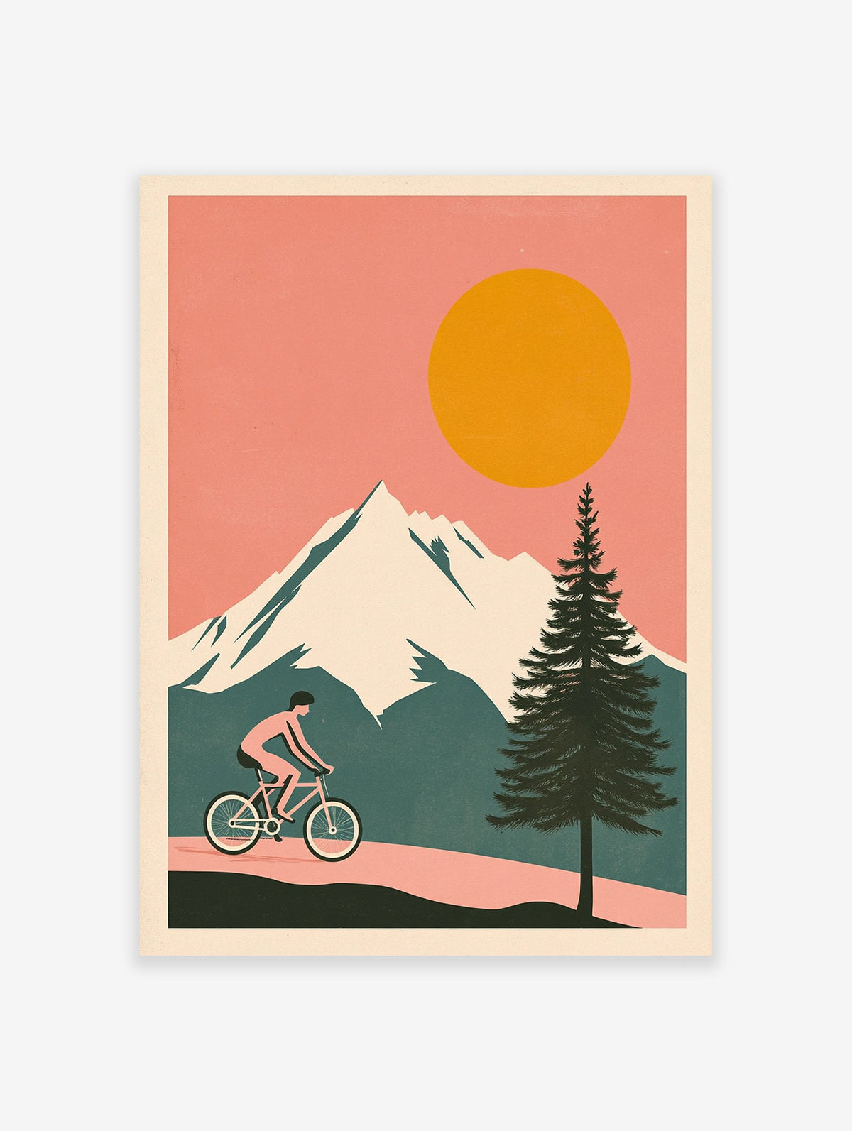 Cycling wall art illustration of a person riding a bicycle on a path with snowy mountains, a large orange sun, and a pine tree.