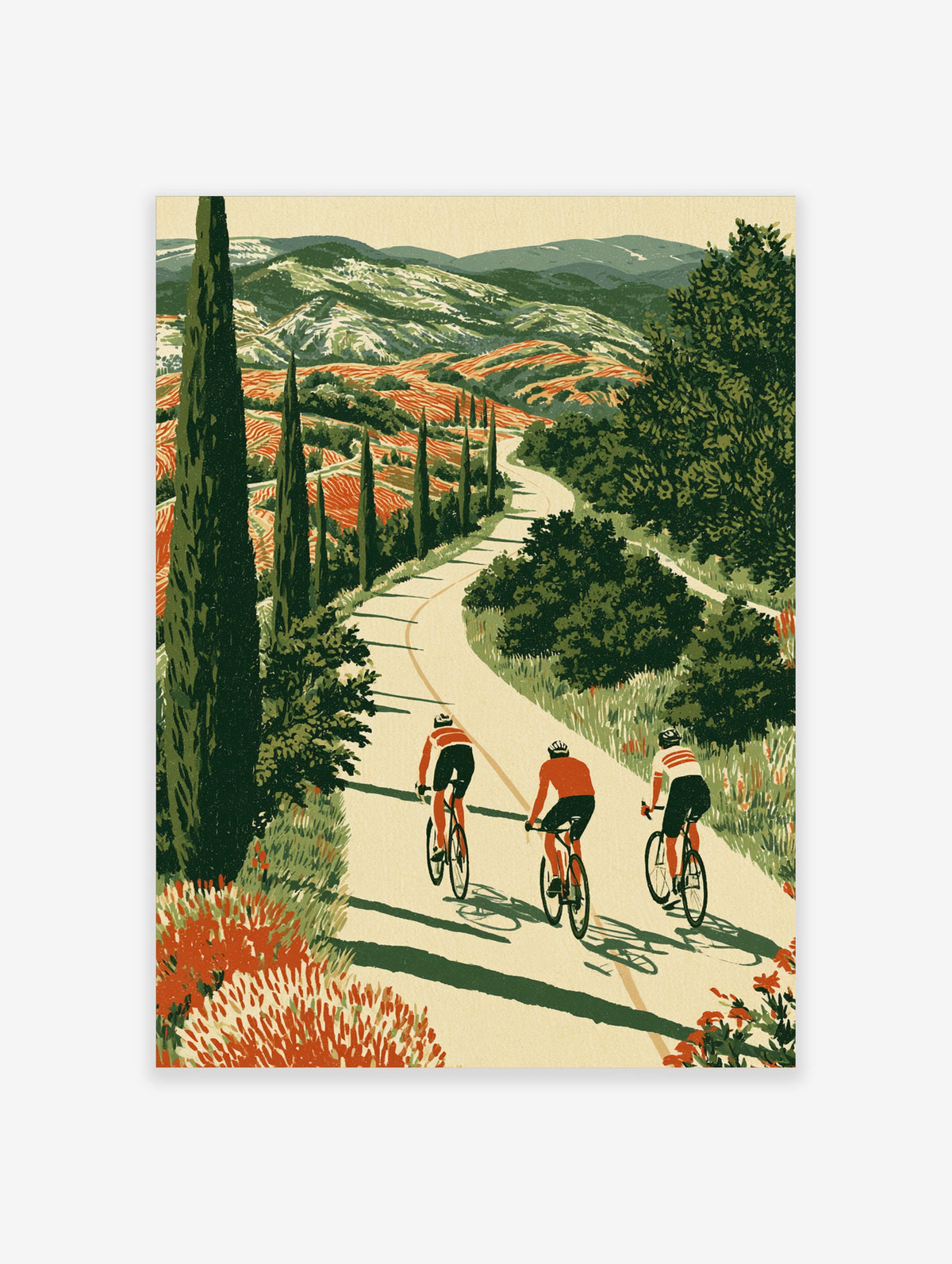 Cycling art print of three cyclists on a winding road through Tuscan hills with cypress trees and orange fields