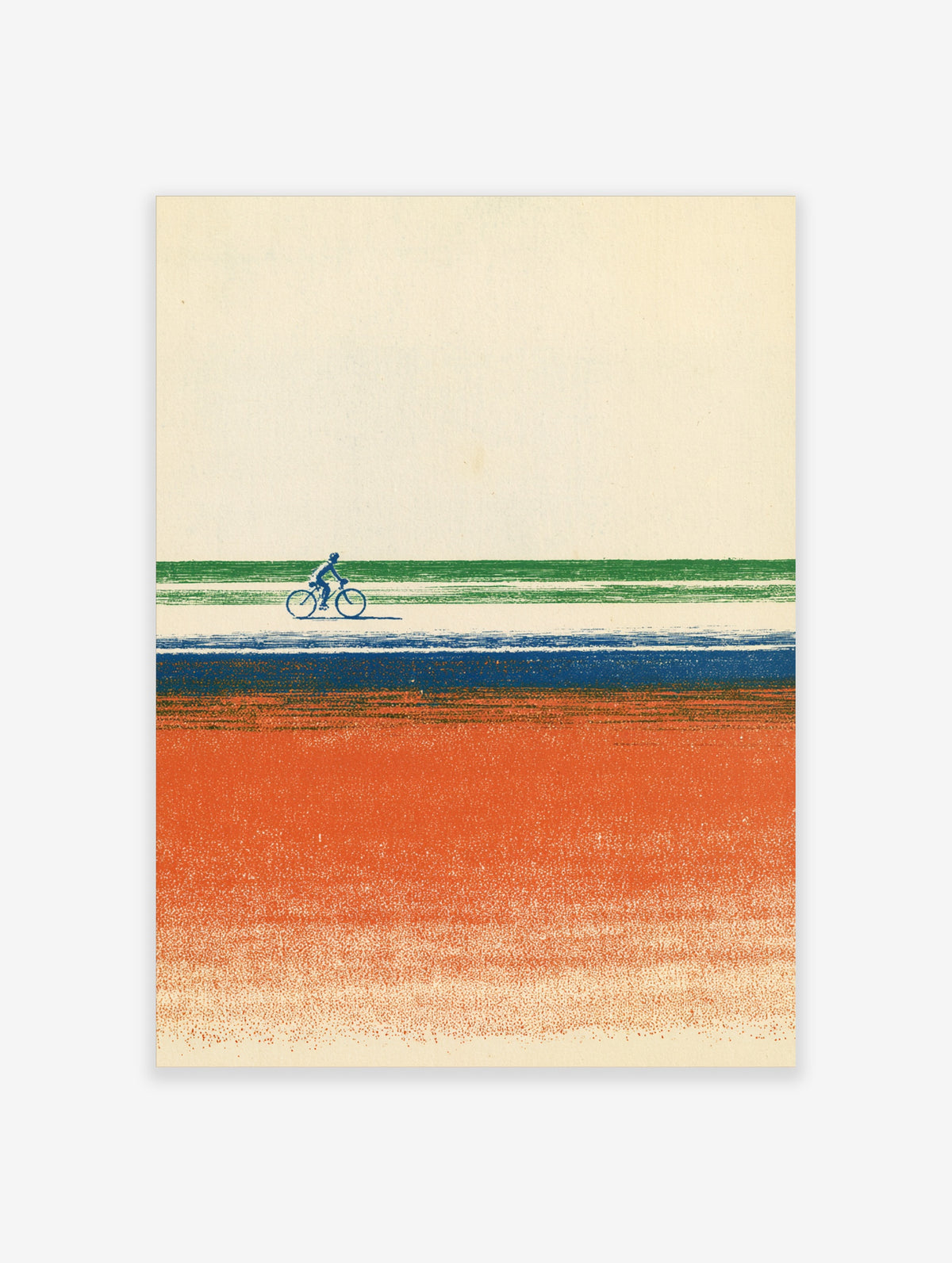 Minimalist coastal landscape art print with a cyclist riding past green, blue and orange horizontal bands