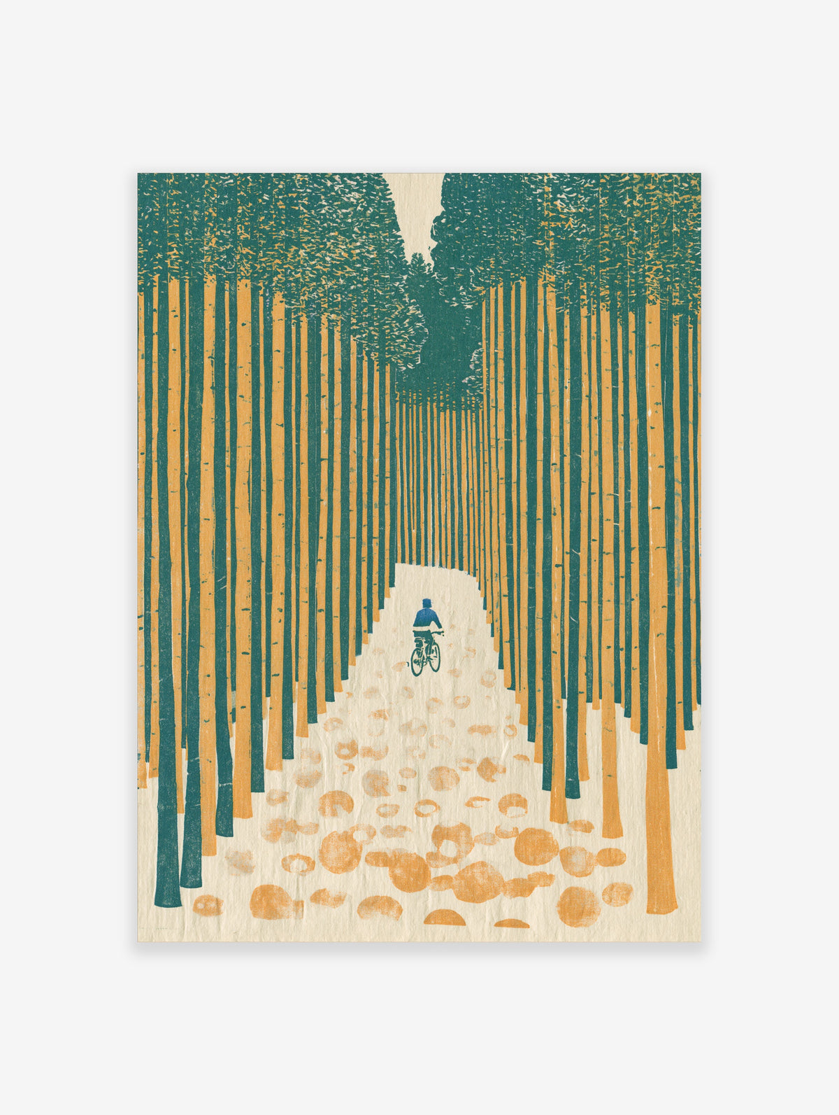 Illustrated cyclist riding through a forest of tall teal and ochre trees, with orange leaves on the path