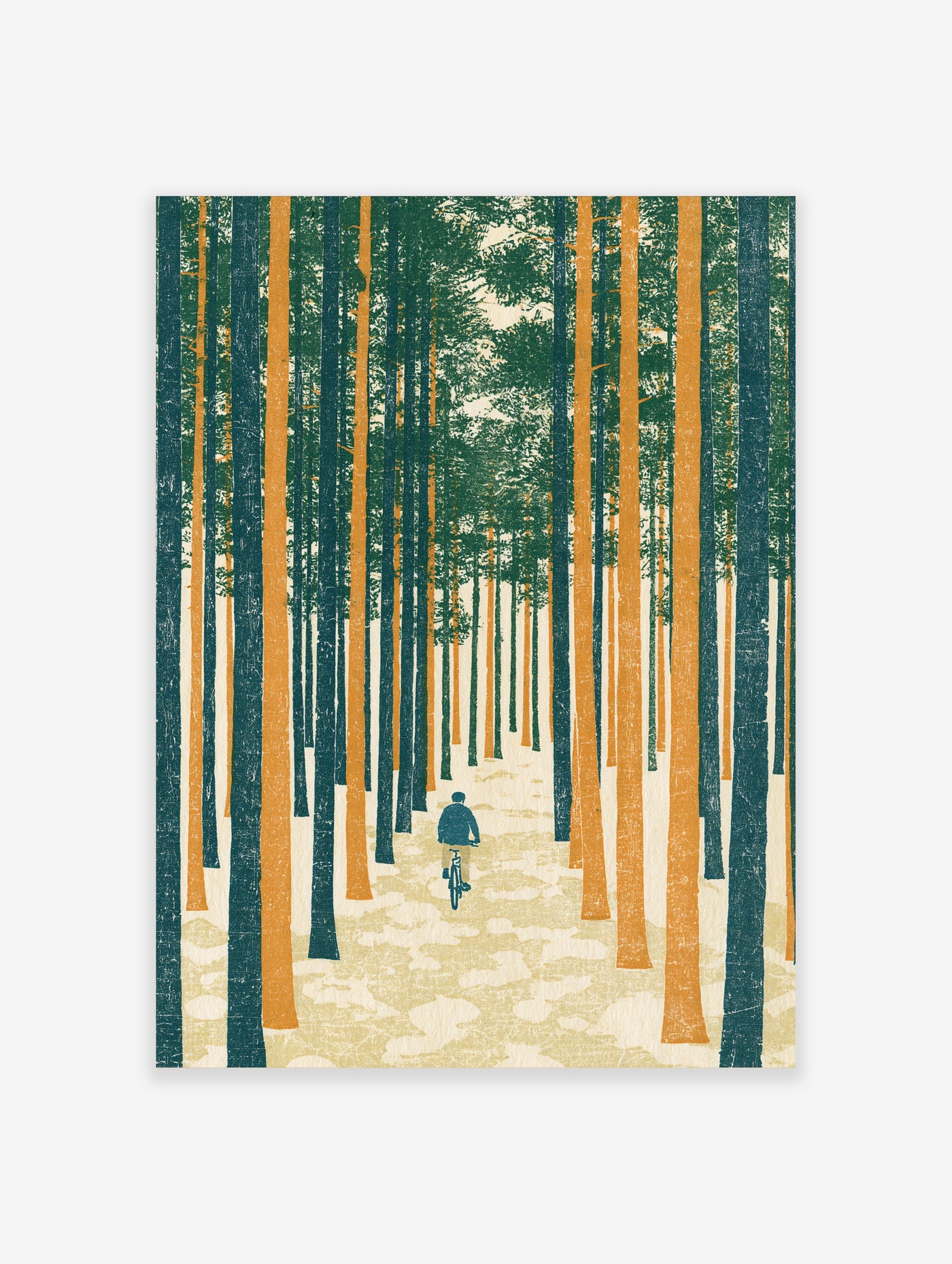 Illustrated forest wall art with cyclist riding between tall orange and green trees on cream background