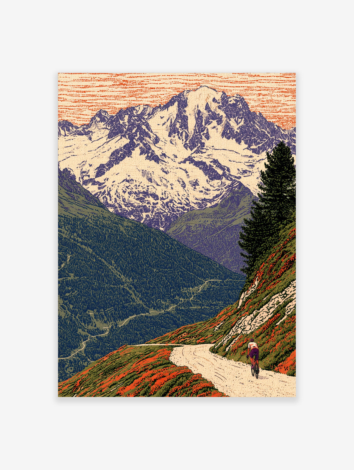 Cyclist on winding mountain road art print with snow-capped peak and pine forest