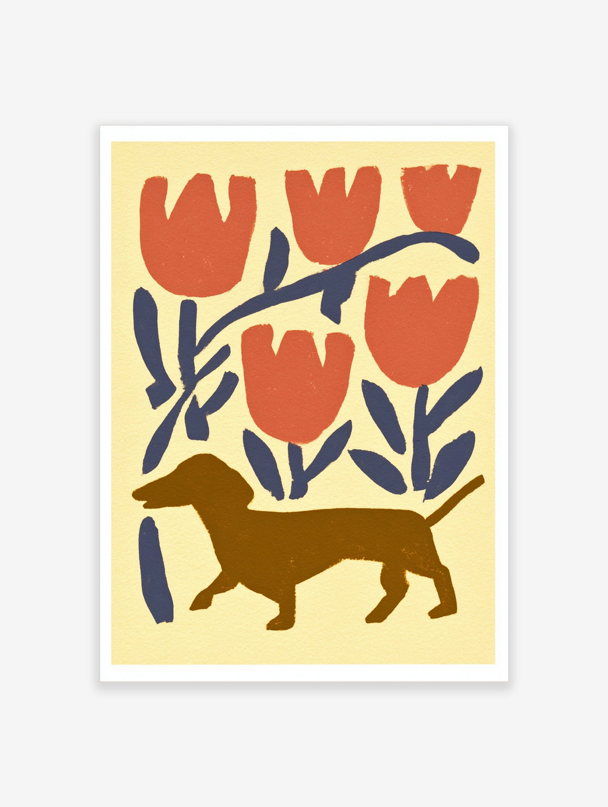 Brown dachshund walking under red tulips and navy leaves on cream background art print
