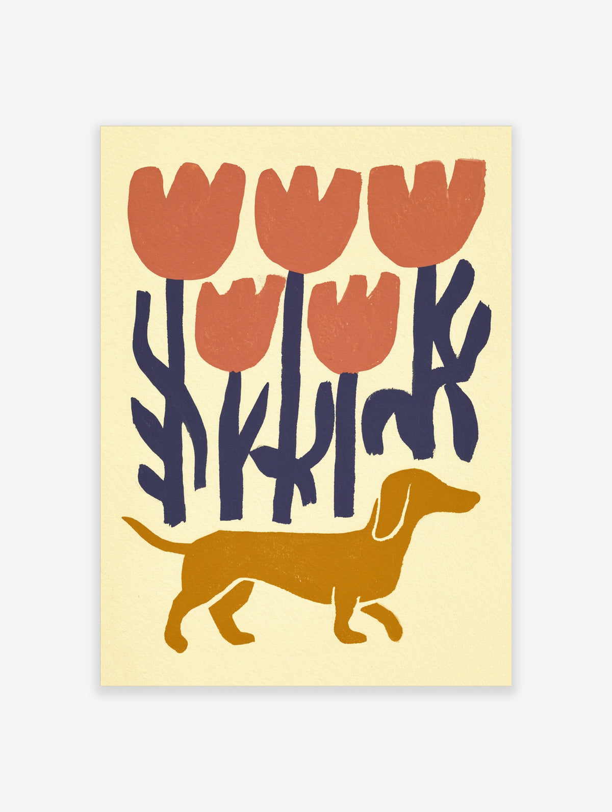 Dachshund and tulips art print with coral flowers, navy stems, and a mustard dog on cream