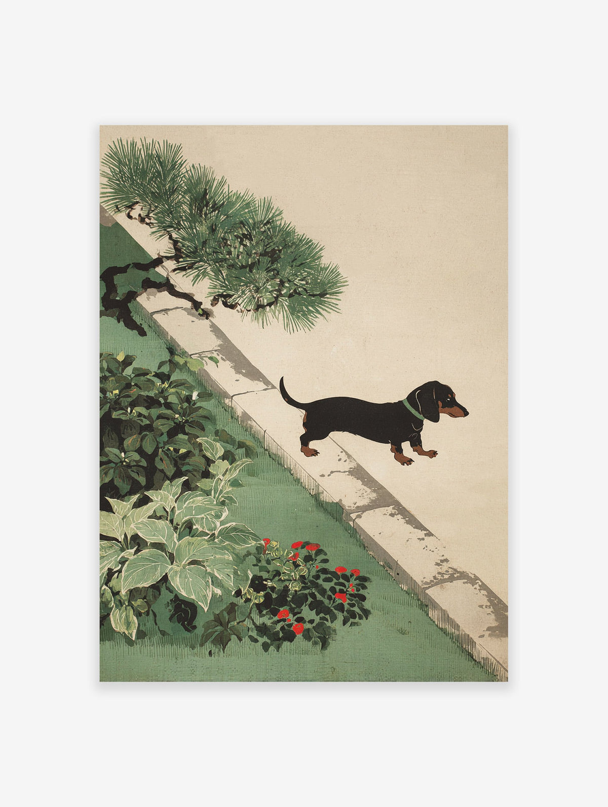 A black and tan dachshund dog walks along a stone path in a green Japanese garden with a pine tree and red flowers.