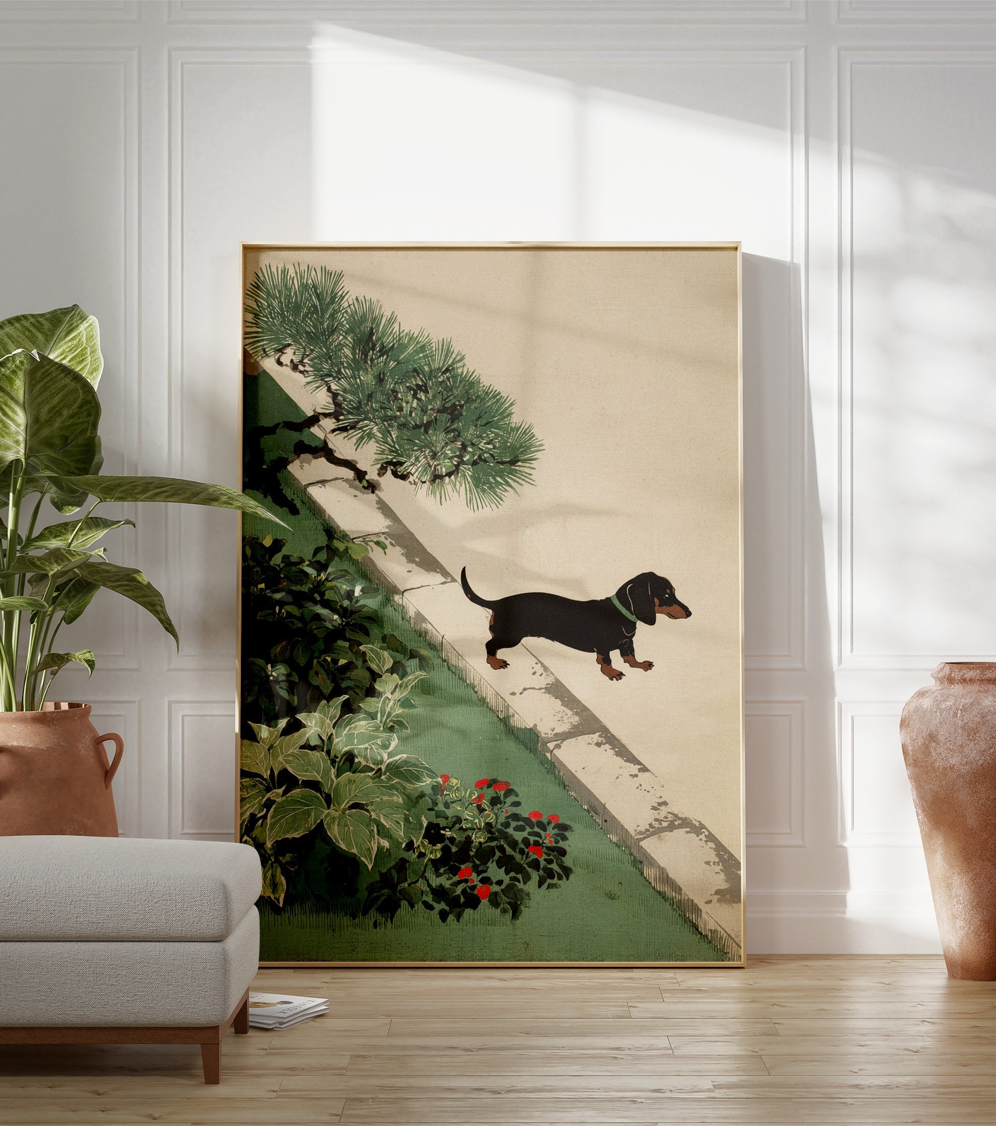 A black and tan dachshund dog walks along a stone path in a green Japanese garden with a pine tree and red flowers. - Image 3