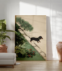 A black and tan dachshund dog walks along a stone path in a green Japanese garden with a pine tree and red flowers. - Image 3