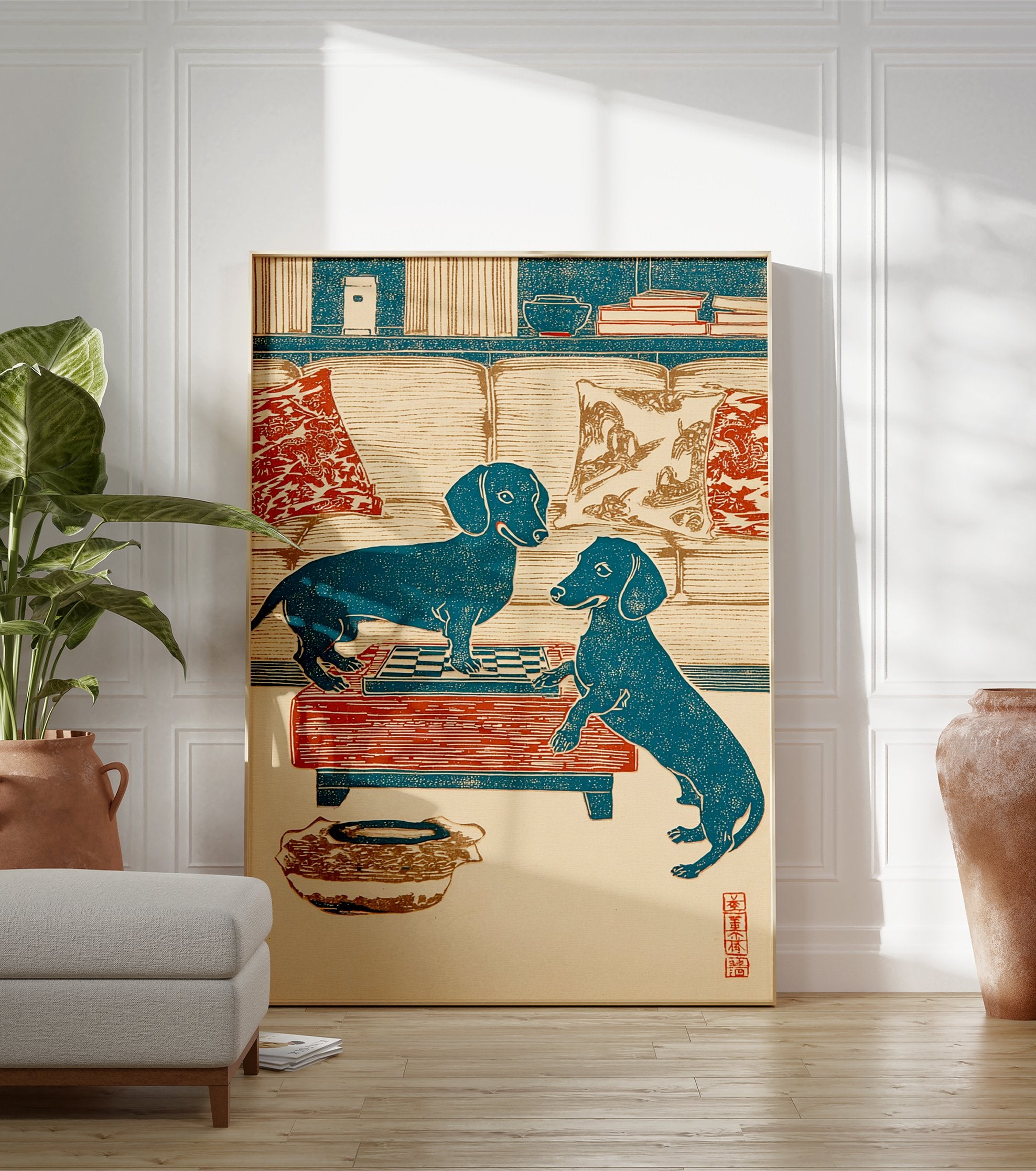 Dachshund dog art print showing two blue dachshunds playing chess on a red table in a Japanese woodblock print style. - Image 3