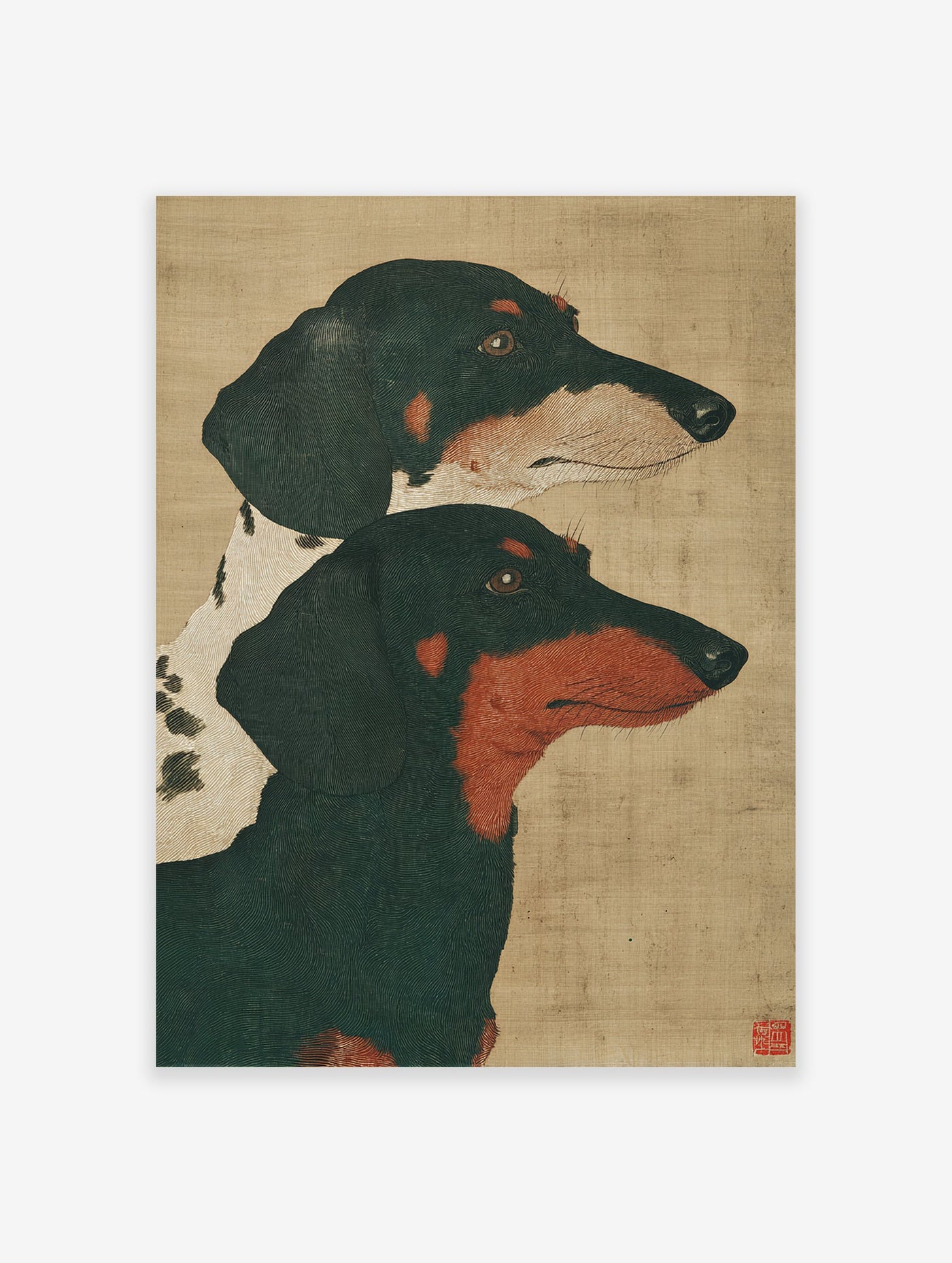 Dachshund dog art print featuring two dachshunds, one black and tan, one black and white, on a natural background.