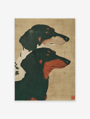 Dachshund dog art print featuring two dachshunds, one black and tan, one black and white, on a natural background.