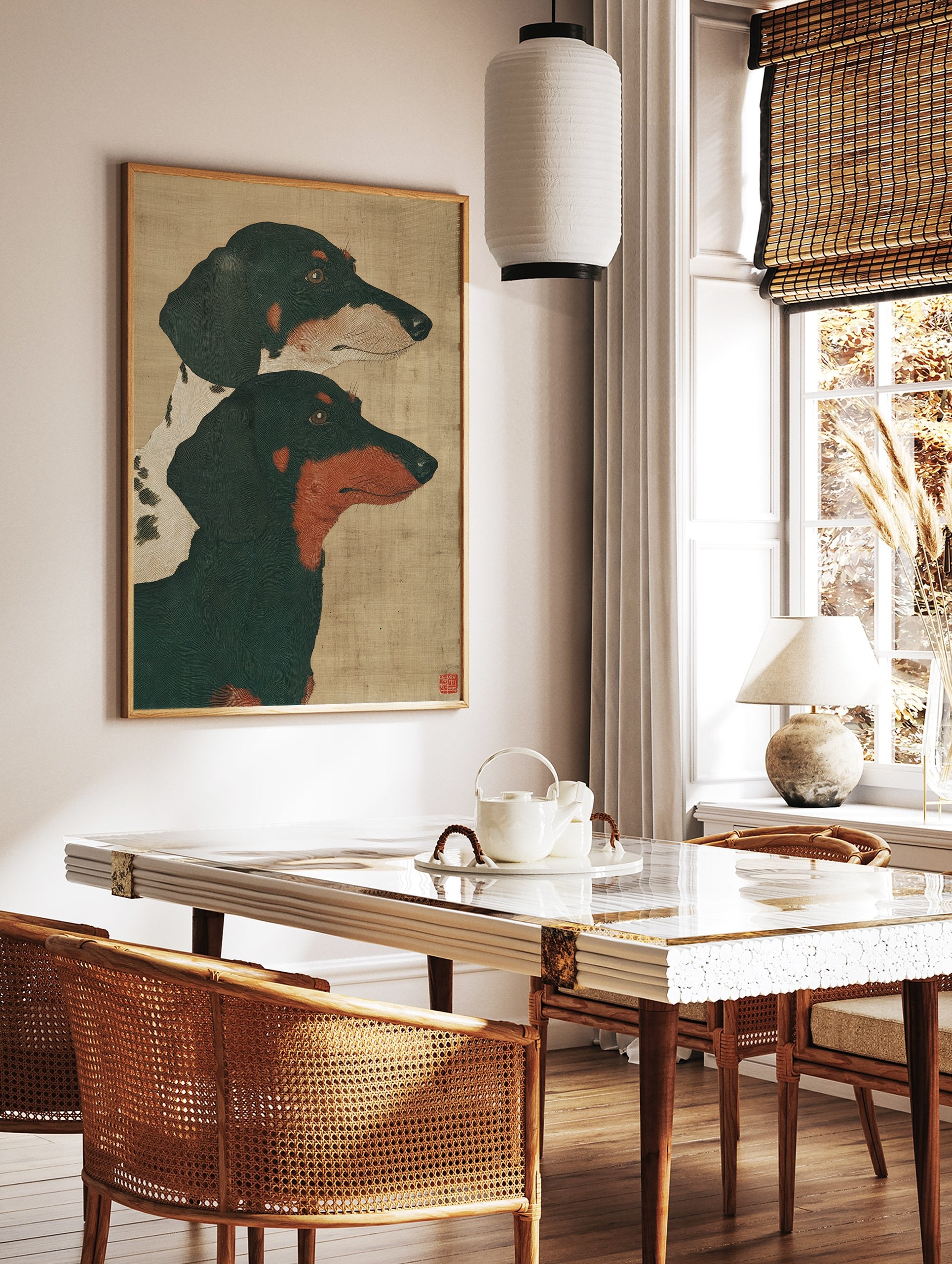 Dachshund dog art print featuring two dachshunds, one black and tan, one black and white, on a natural background. - Image 2