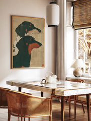Dachshund dog art print featuring two dachshunds, one black and tan, one black and white, on a natural background. - Image 2