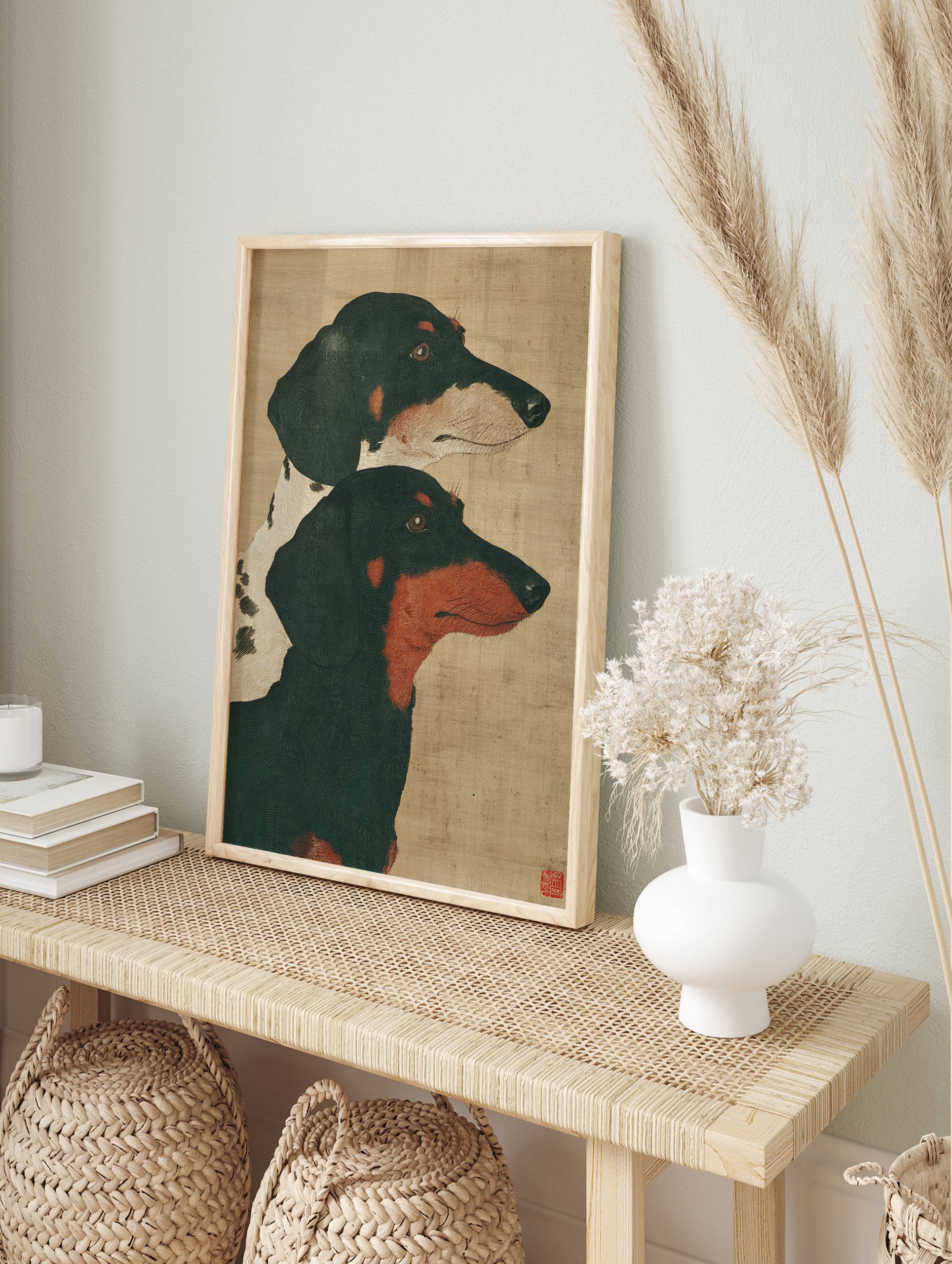 Dachshund dog art print featuring two dachshunds, one black and tan, one black and white, on a natural background. - Image 3