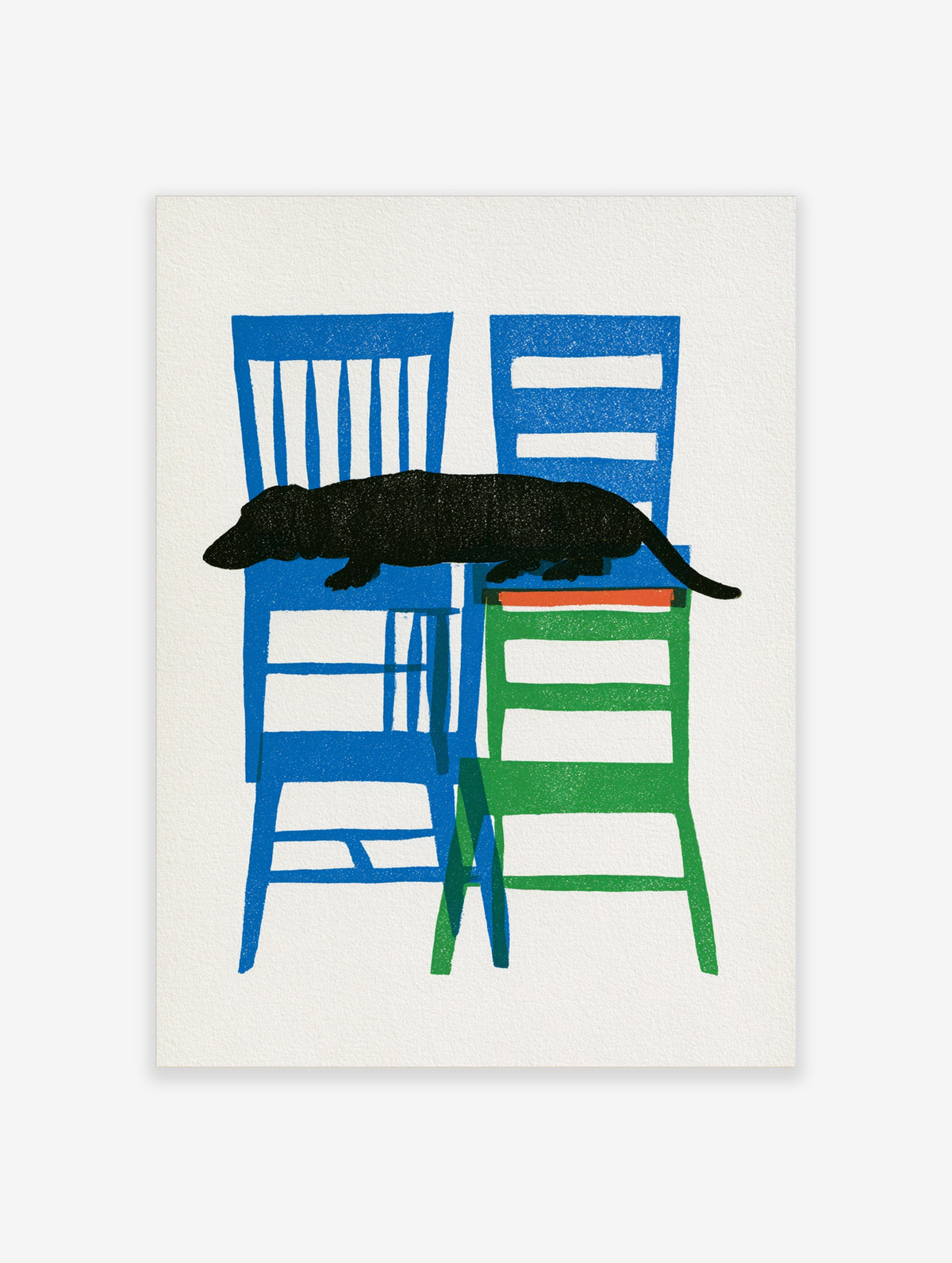 Black dachshund dog silhouette resting on stacked blue and green chairs, graphic illustration on white background