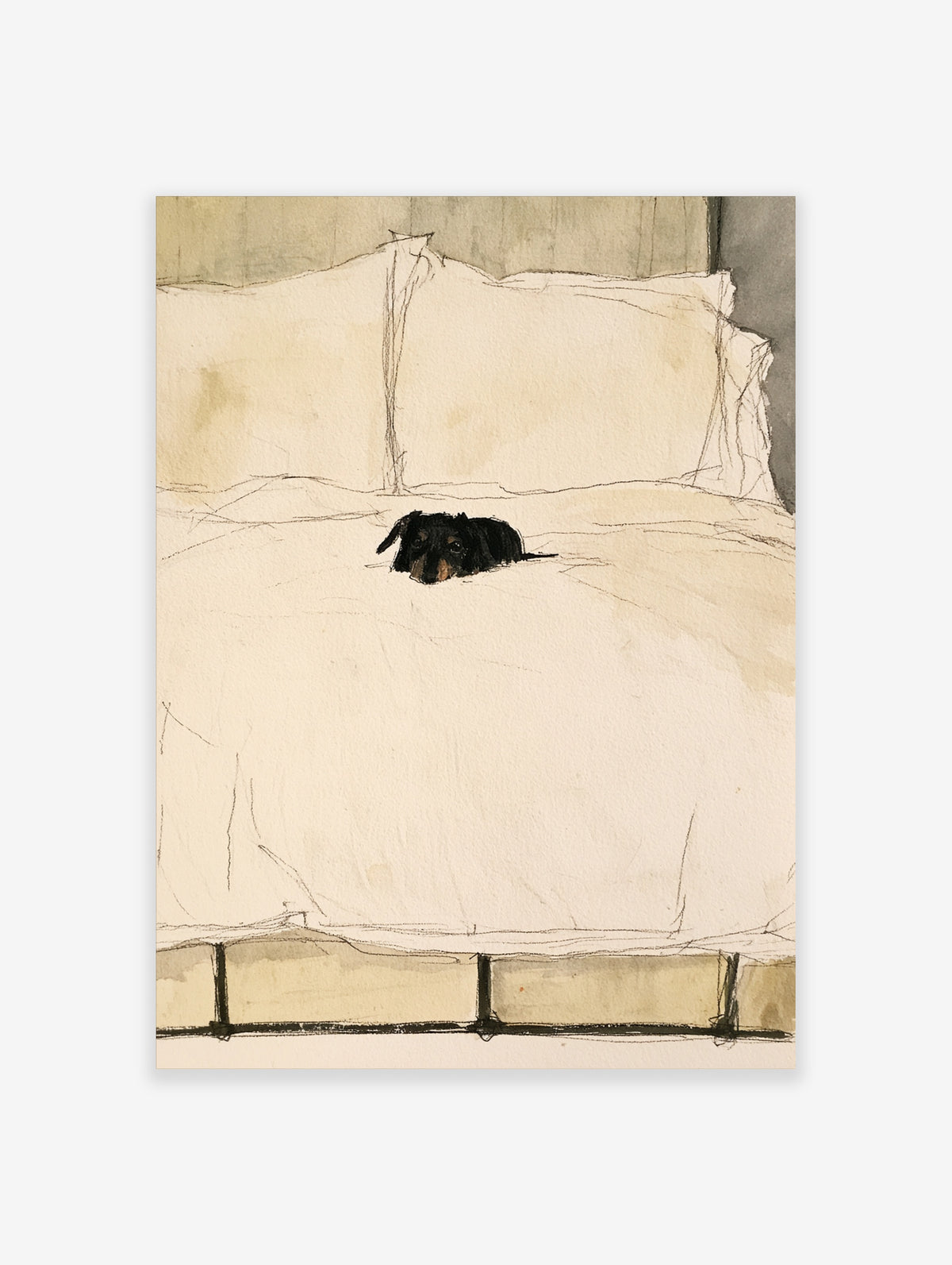 Dachshund wall art print of a black and tan dog resting on cream bed linen between pillows