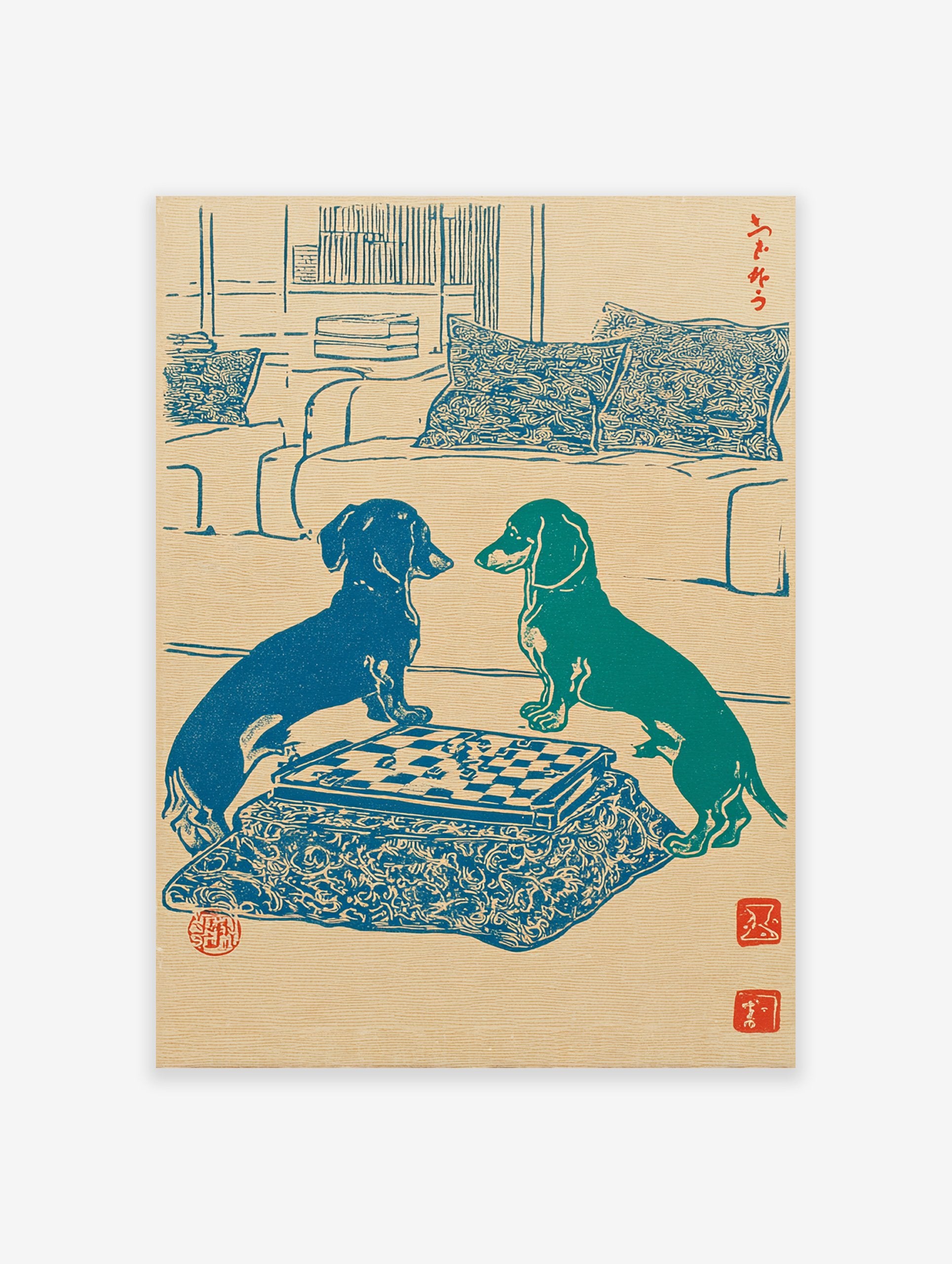 Japanese woodcut style art print showing two blue and green dachshunds playing chess on a patterned kotatsu table.