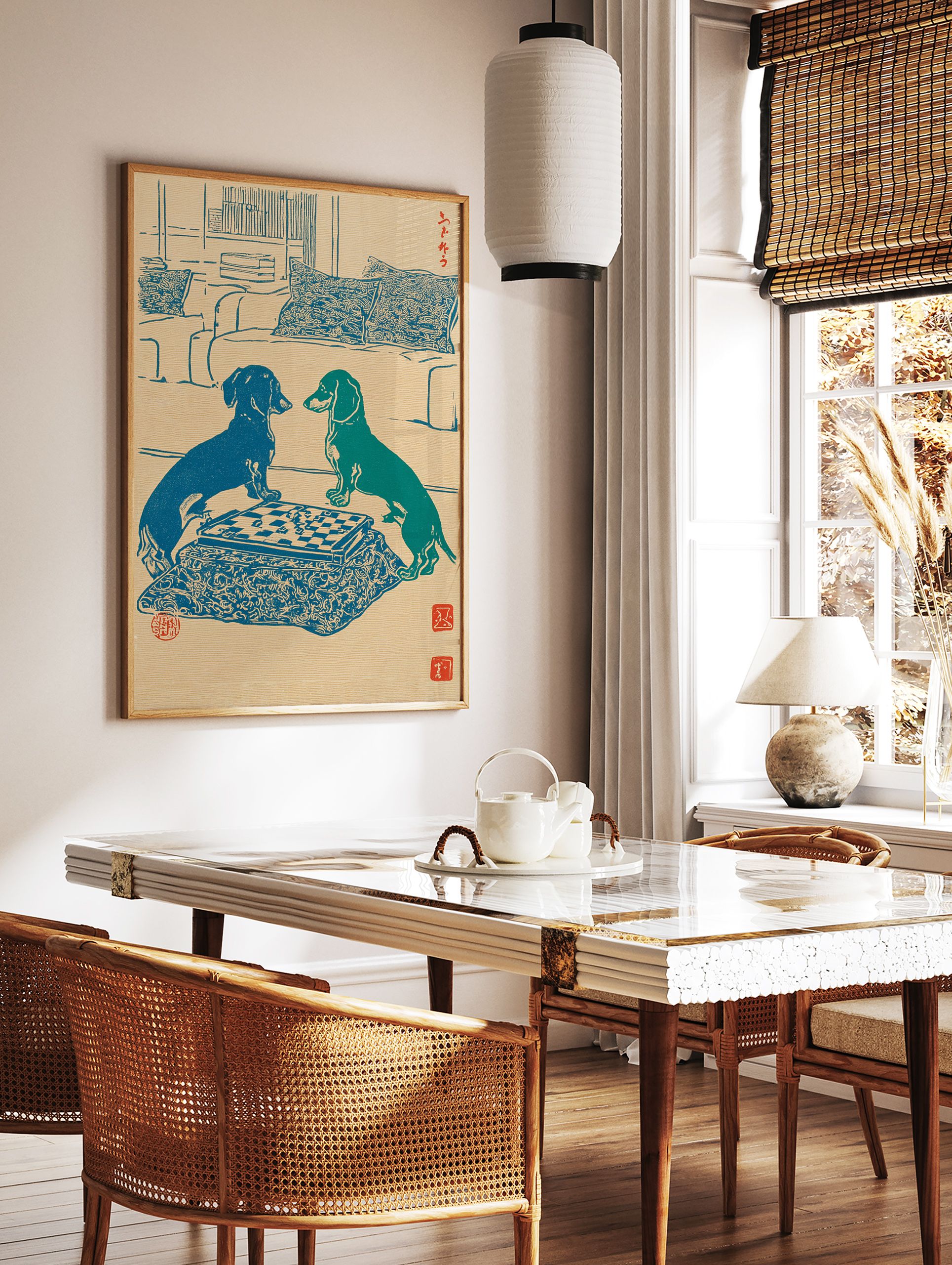 Japanese woodcut style art print showing two blue and green dachshunds playing chess on a patterned kotatsu table. - Image 2
