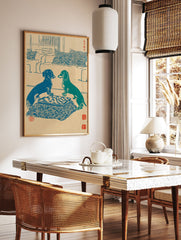 Japanese woodcut style art print showing two blue and green dachshunds playing chess on a patterned kotatsu table. - Image 2