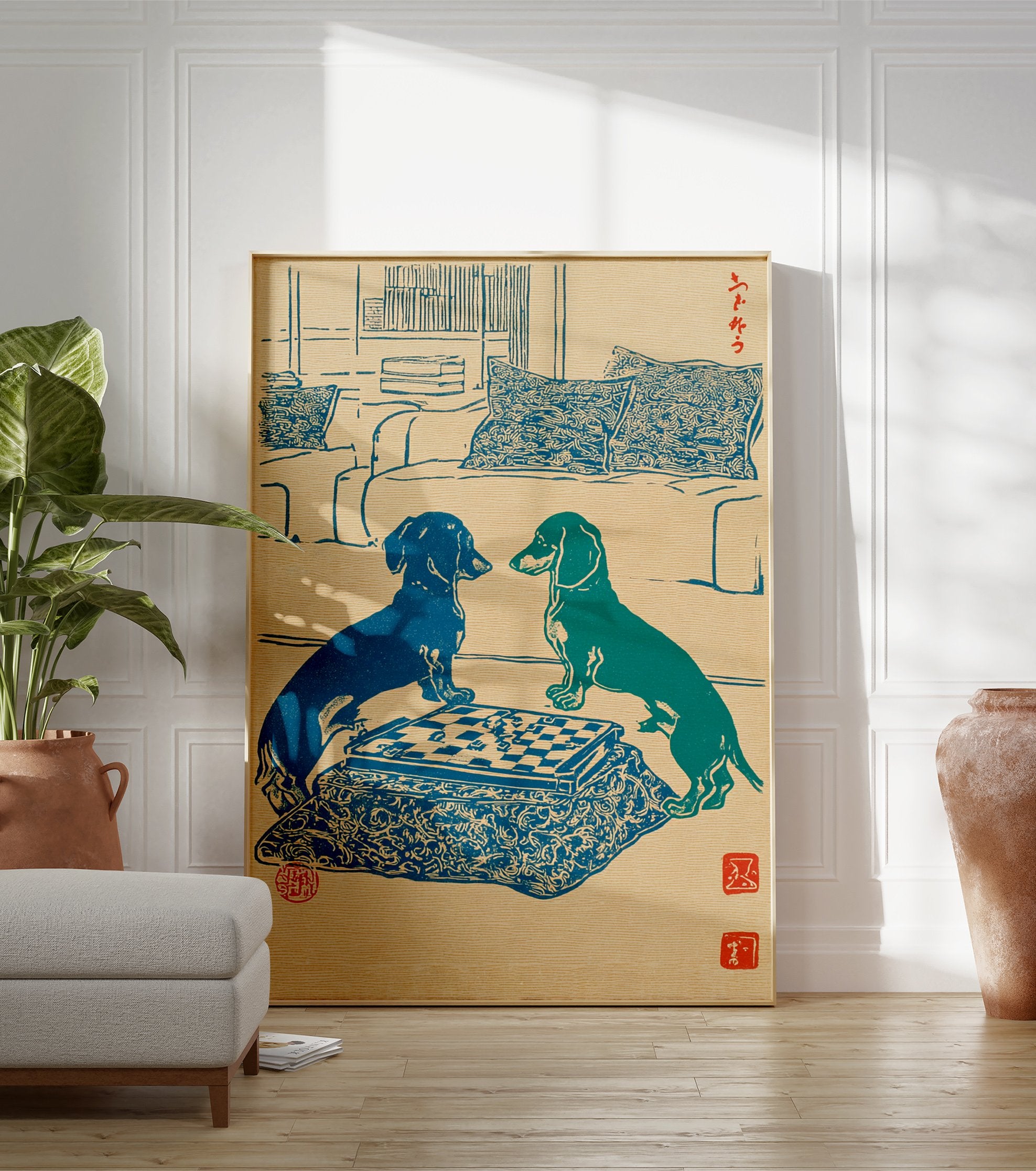 Japanese woodcut style art print showing two blue and green dachshunds playing chess on a patterned kotatsu table. - Image 3