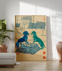 Japanese woodcut style art print showing two blue and green dachshunds playing chess on a patterned kotatsu table. - Image 3