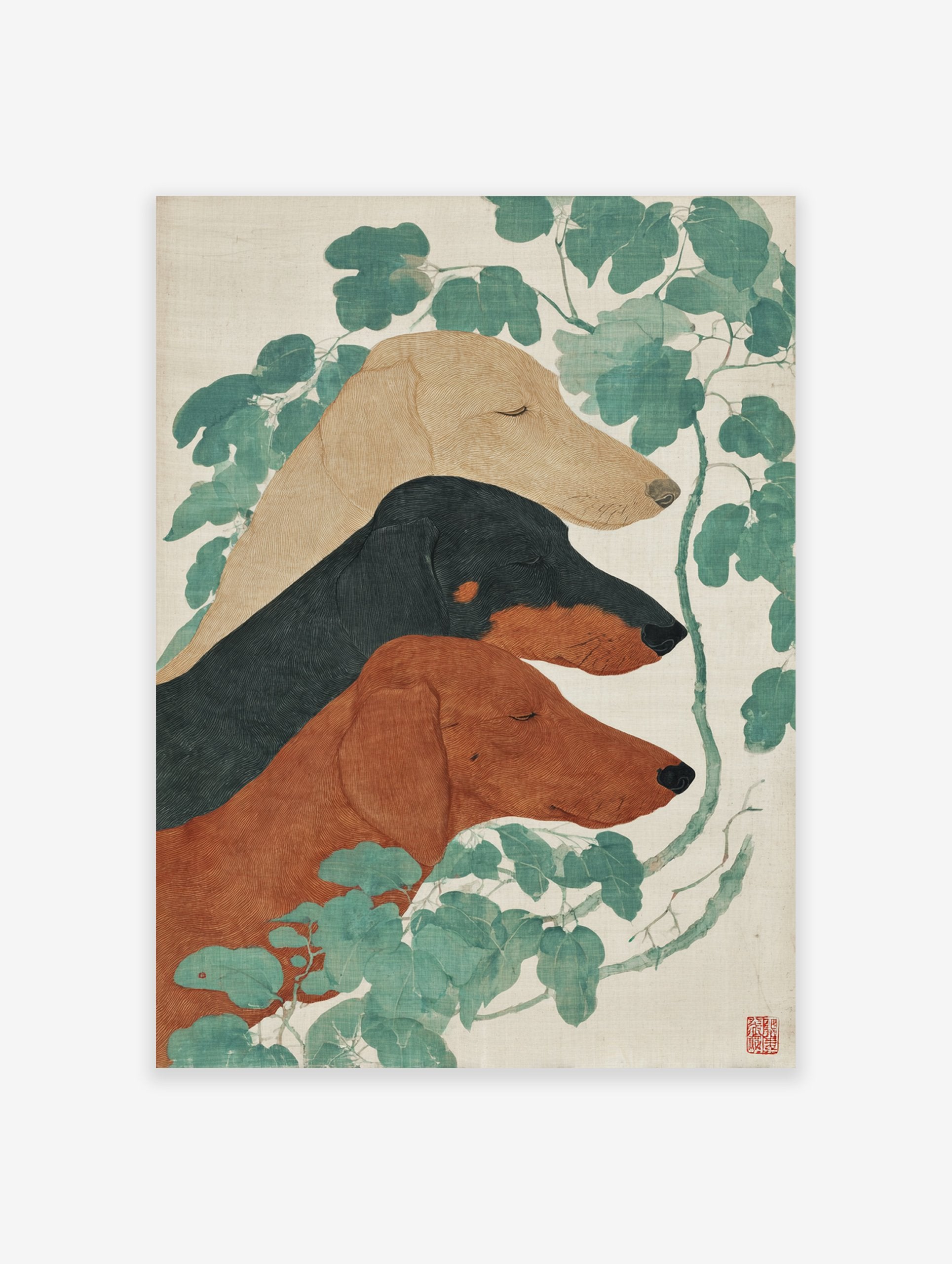 Dachshund Wall Art featuring three sleeping dogs (tan, black, brown) and green leaves in a Japanese illustrative style print.