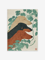 Dachshund Wall Art featuring three sleeping dogs (tan, black, brown) and green leaves in a Japanese illustrative style print.