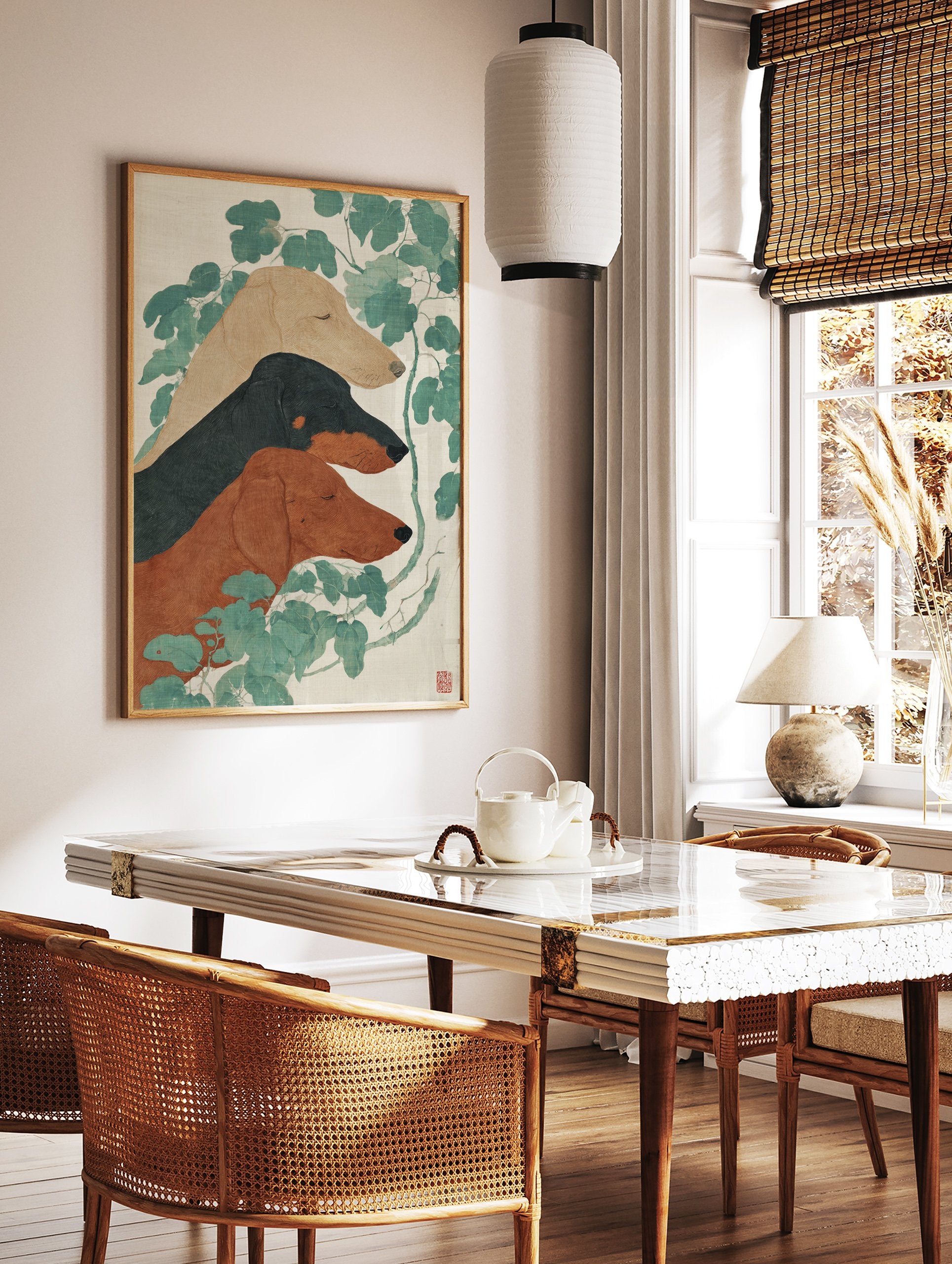 Dachshund Wall Art featuring three sleeping dogs (tan, black, brown) and green leaves in a Japanese illustrative style print. - Image 2