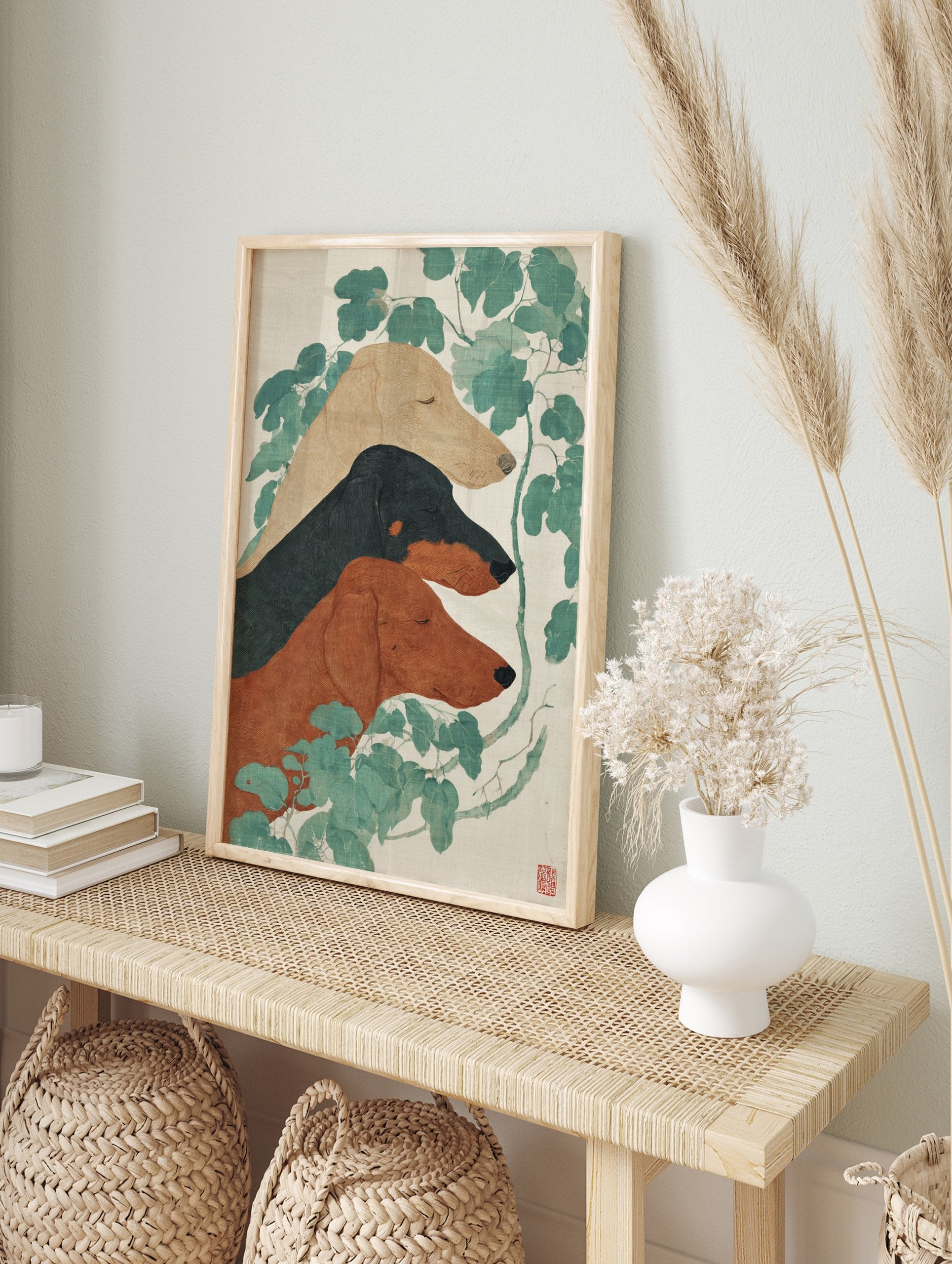 Dachshund Wall Art featuring three sleeping dogs (tan, black, brown) and green leaves in a Japanese illustrative style print. - Image 3