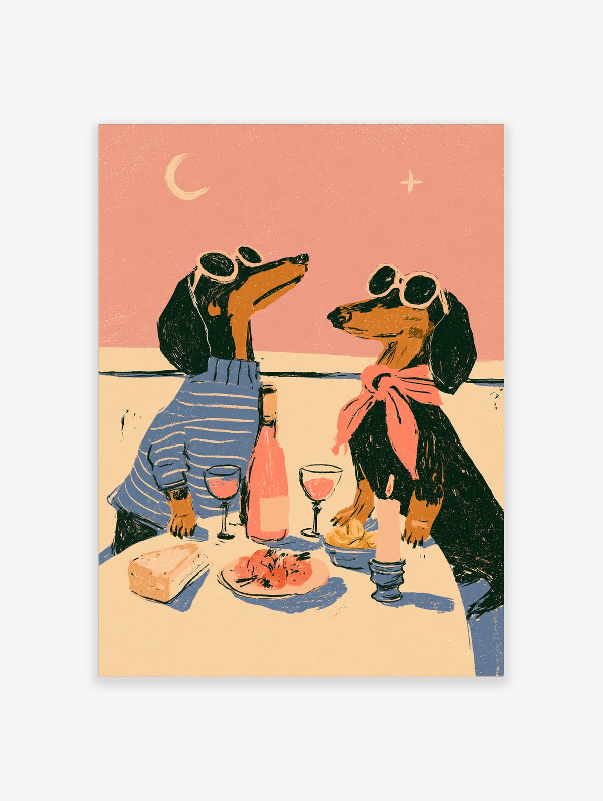 Illustration of two dachshunds in sunglasses with wine, cheese and tomatoes under a crescent moon