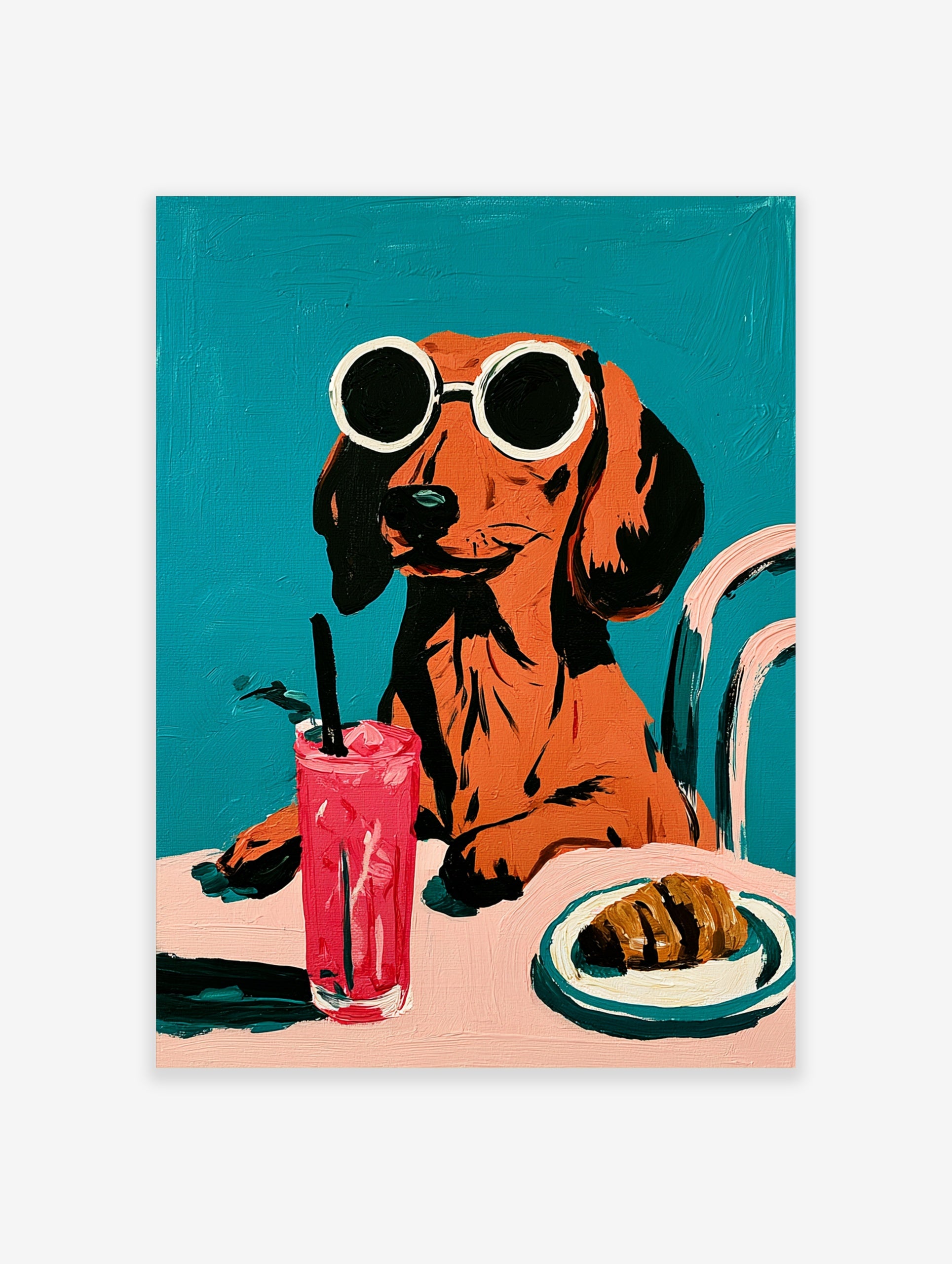 Dachshund in round sunglasses with a pink drink and croissant, illustrative style on a solid teal background