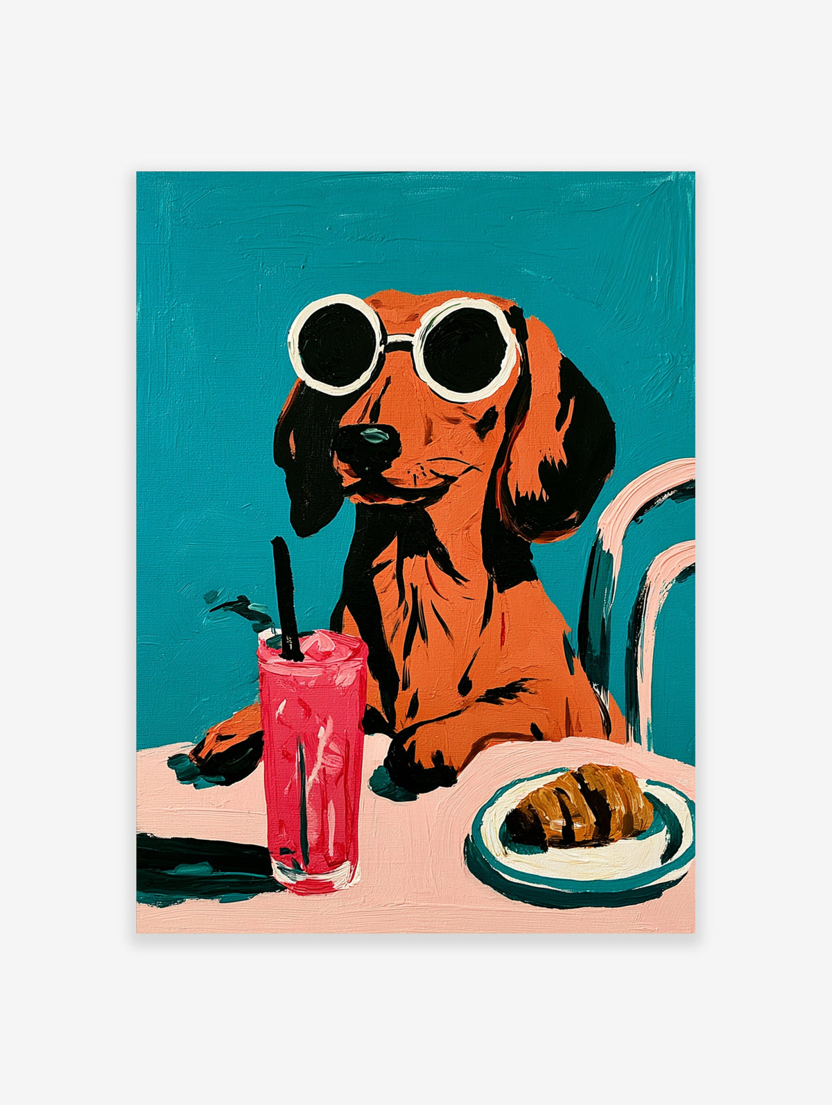 Dachshund in round sunglasses with a pink drink and croissant, illustrative style on a solid teal background