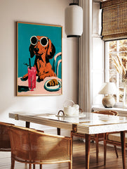 Dachshund in round sunglasses with a pink drink and croissant, illustrative style on a solid teal, in a styled room mockup
