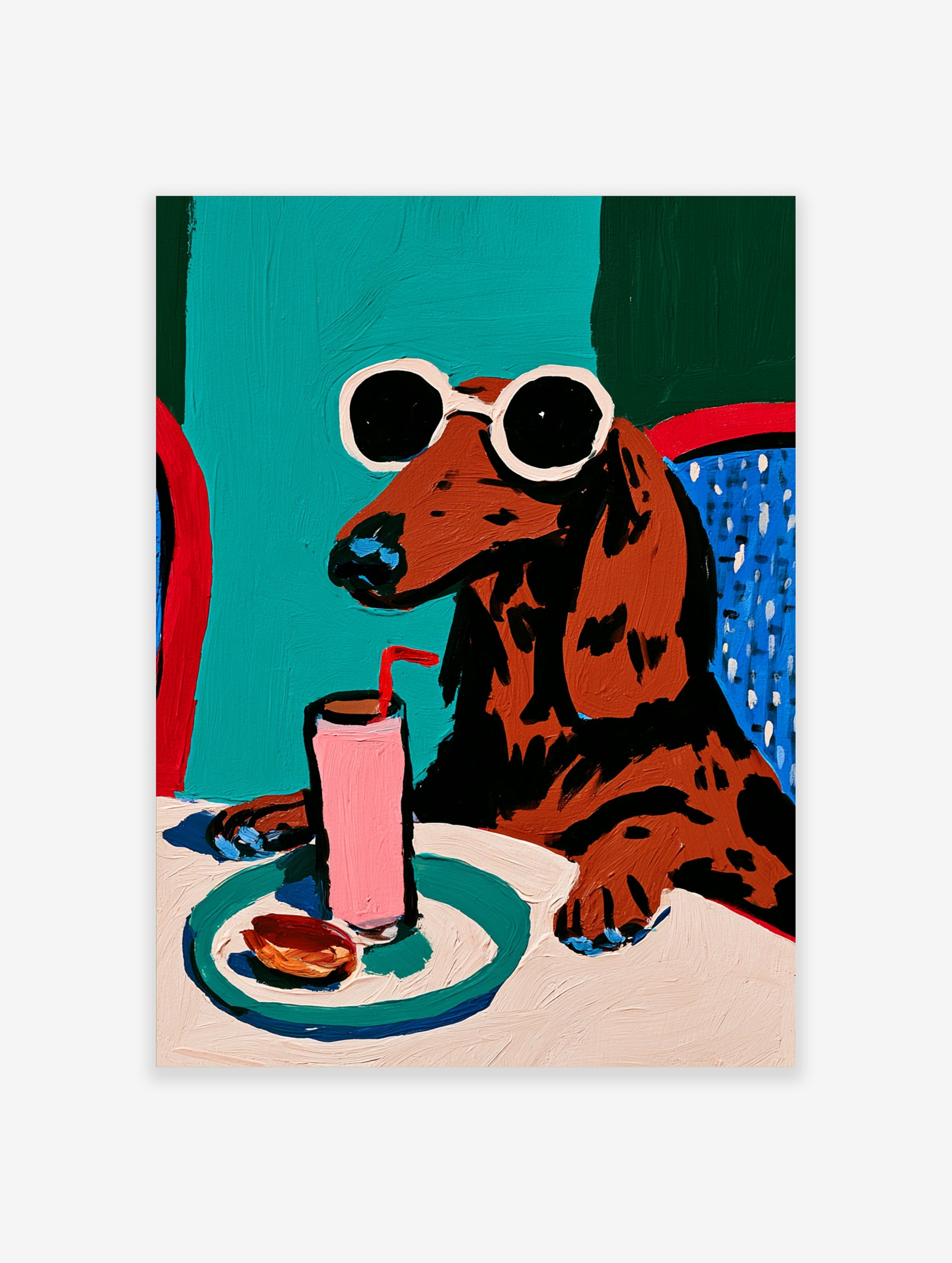 Illustration of a brown dachshund with sunglasses drinking a pink beverage at a table, colourful modern art print