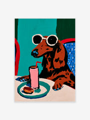 Illustration of a brown dachshund with sunglasses drinking a pink beverage at a table, colourful modern art print