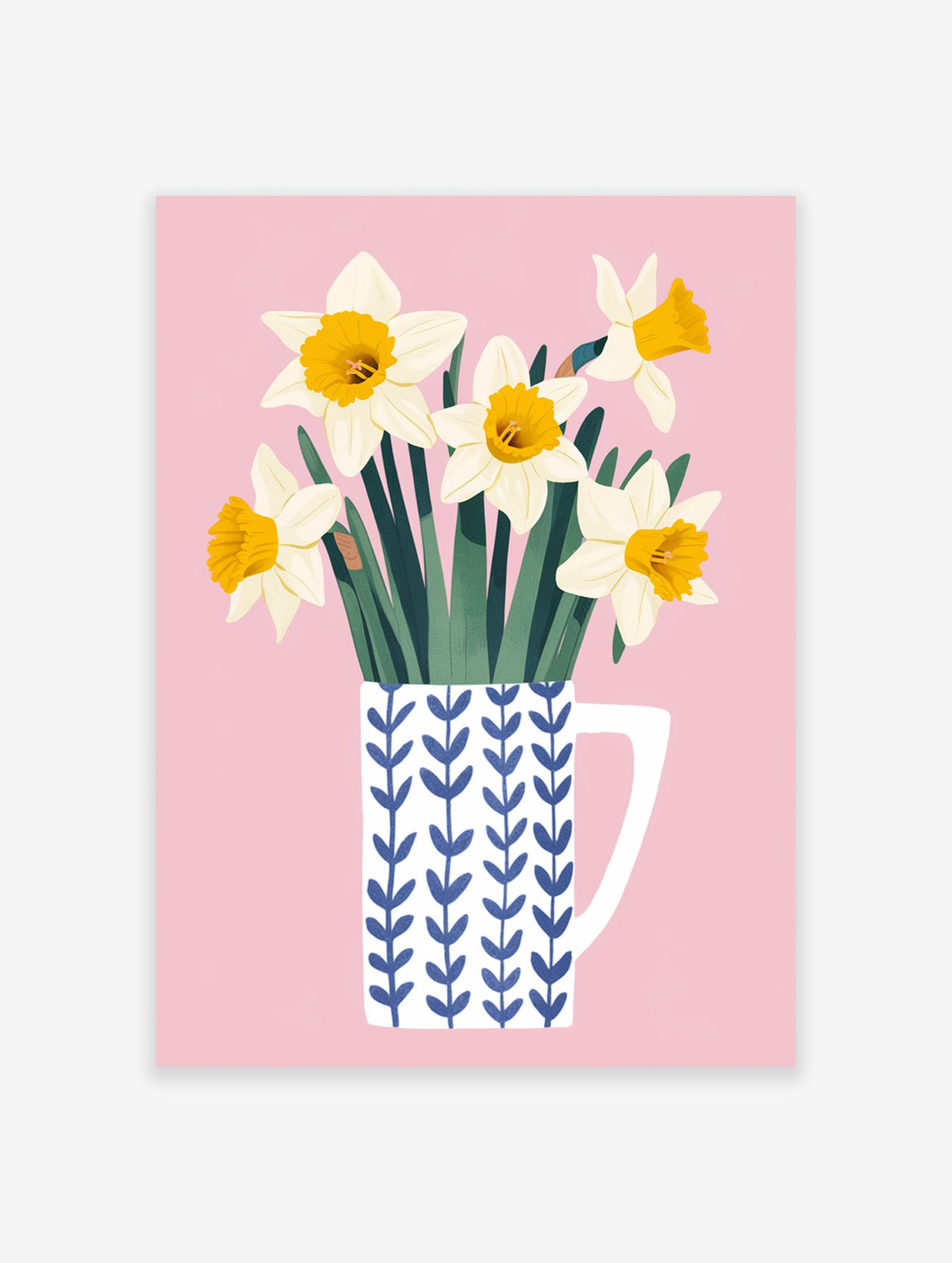 Daffodil flower poster featuring white and yellow daffodils in a blue patterned mug on a soft pink background.