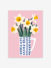 Daffodil flower poster featuring white and yellow daffodils in a blue patterned mug on a soft pink background.
