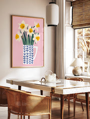Daffodil flower poster featuring white and yellow daffodils in a blue patterned mug on a soft pink background. - Image 2