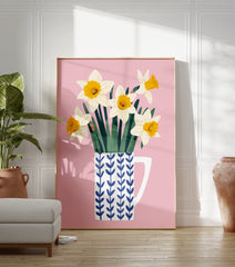 Daffodil flower poster featuring white and yellow daffodils in a blue patterned mug on a soft pink background. - Image 3