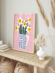 Daffodil flower poster featuring white and yellow daffodils in a blue patterned mug on a soft pink background. - Image 4