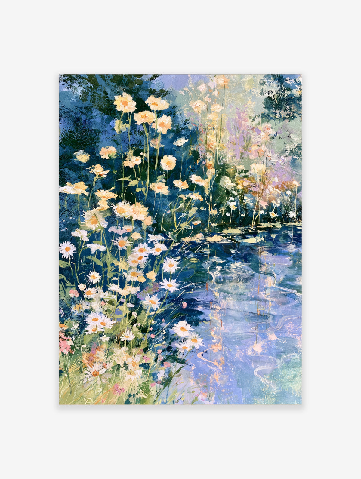 Daisy flower poster with white and yellow blooms beside a blue lily pond in impressionist style