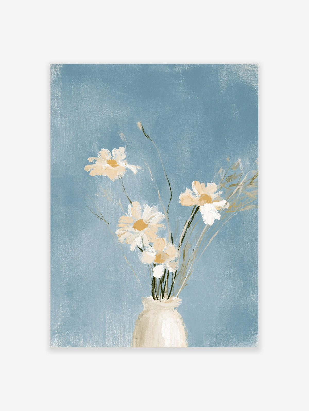 Daisy flower wall art print with cream blooms in a vase on a blue background