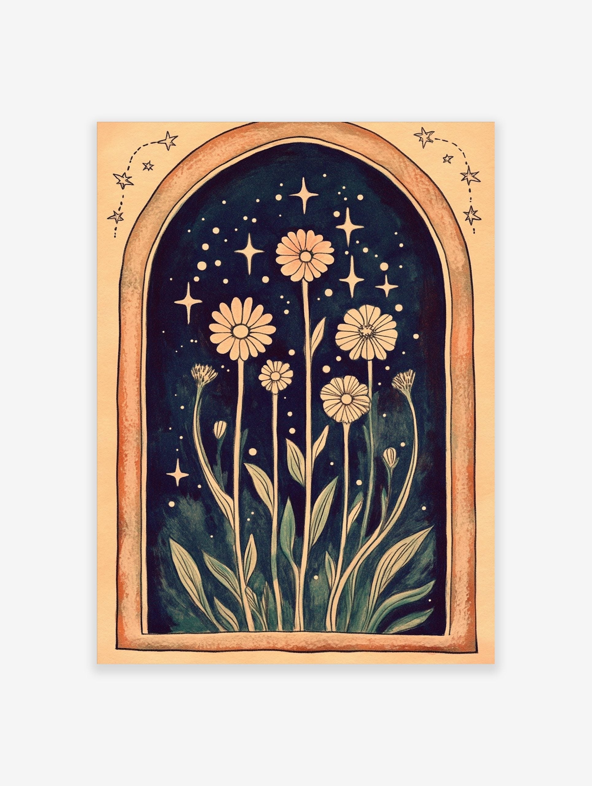 Illustrative daisy flowers with tall stems and leaves in an archway with sparkling stars on a dark background